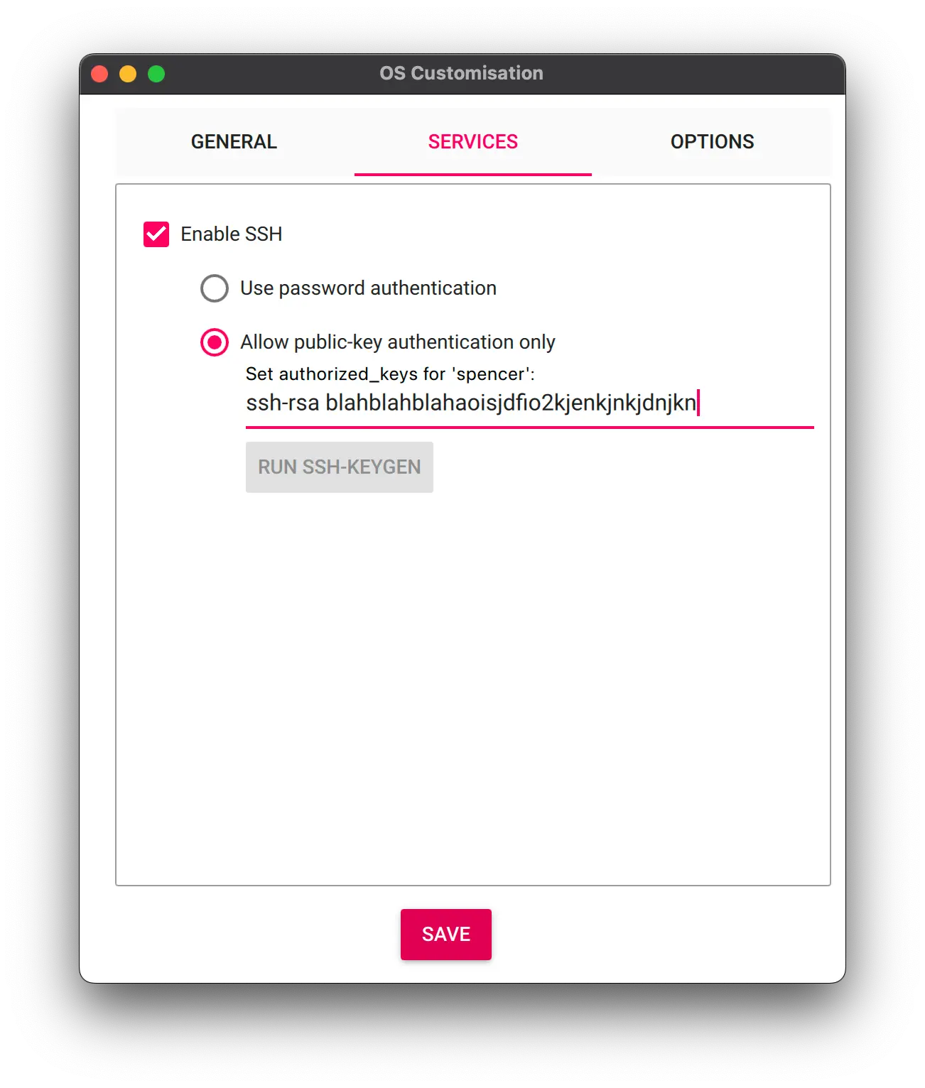 Raspberry Pi Imager Serices Settings